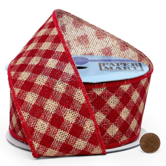VoraLuxeCo Plaid Print Faux Burlap Wired Ribbon, Red/Natural, 2.5" x 10 Yards