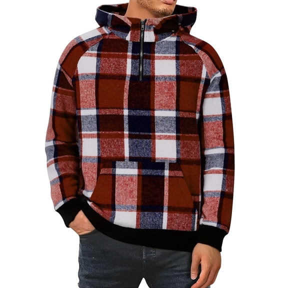 Plaid Printed Hoodies for Men with Zipper and Front Pocket Long Sleeve Sweatshirts Mens Casual Pullover Comfortable Going-Out Hoodie & Sweatshirt Tops