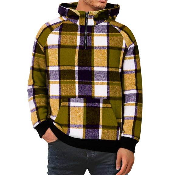 Plaid Printed Hoodies for Men with Zipper and Front Pocket Long Sleeve Sweatshirts Mens Casual Pullover Comfortable Going-Out Hoodie & Sweatshirt Tops
