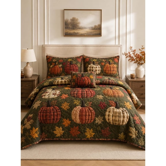 Plaid Pumpkin Autumn Harvest Quilted 3-Piece Bedding Set