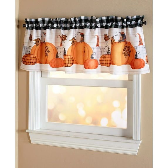 Plaid Pumpkin Bathroom and Kitchen Window Valance with Autumn Motif