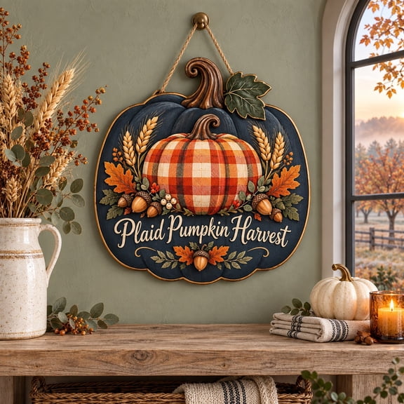 Plaid Pumpkin Harvest Wooden Door Sign for Fall Farmhouse Decor
