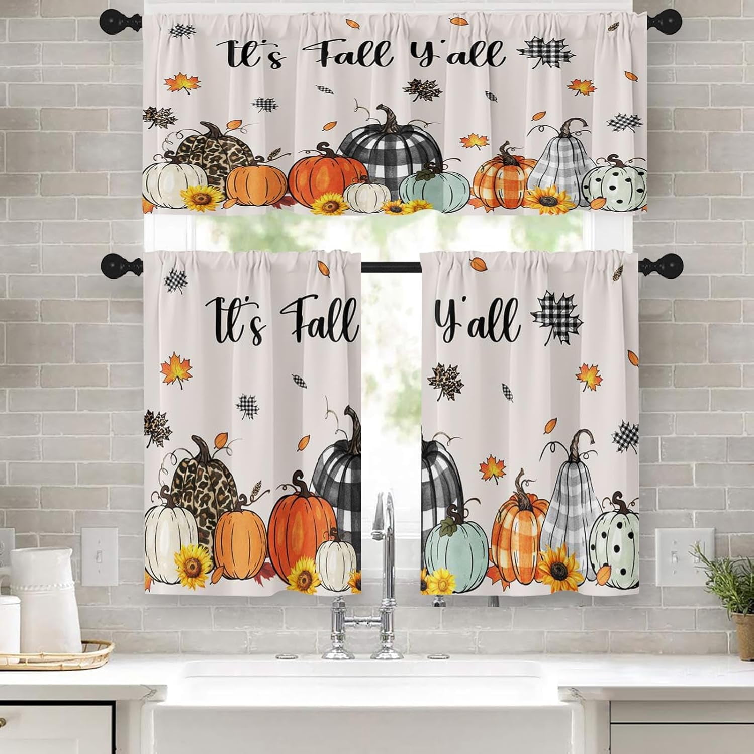 Plaid Pumpkin Kitchen Curtains Fall Window Curtains Valance and Tier