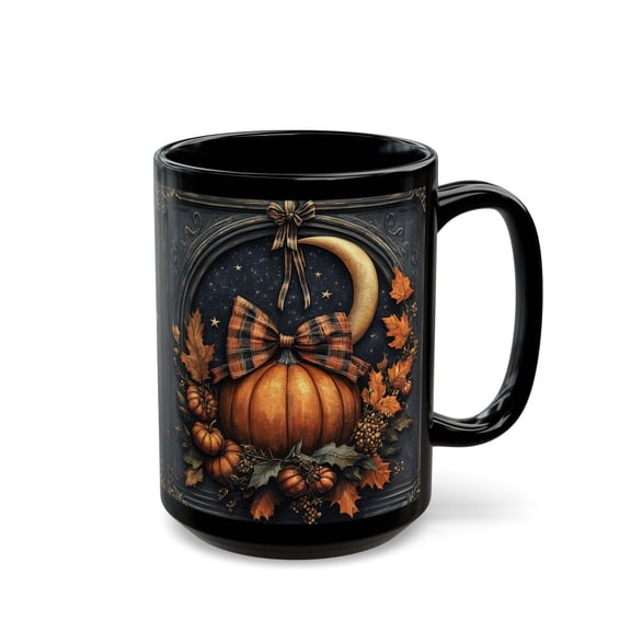 Plaid Pumpkin Moon Mug: Black Ceramic Fall Coffee Cup