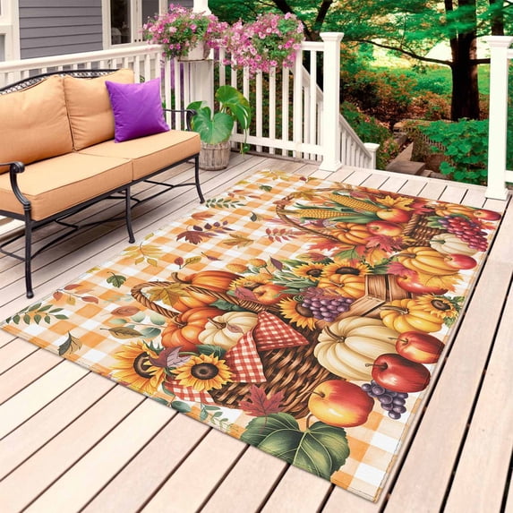 Plaid Pumpkins Fall Outdoor Rug for Patio/Deck/Porch, Non-Slip Large Area Rug 5 x 8 Ft, Harvest Thanksgiving Botanical Leaves Indoor Outdoor Rugs Washable Area Rugs, Camping Rug Carpet Runner