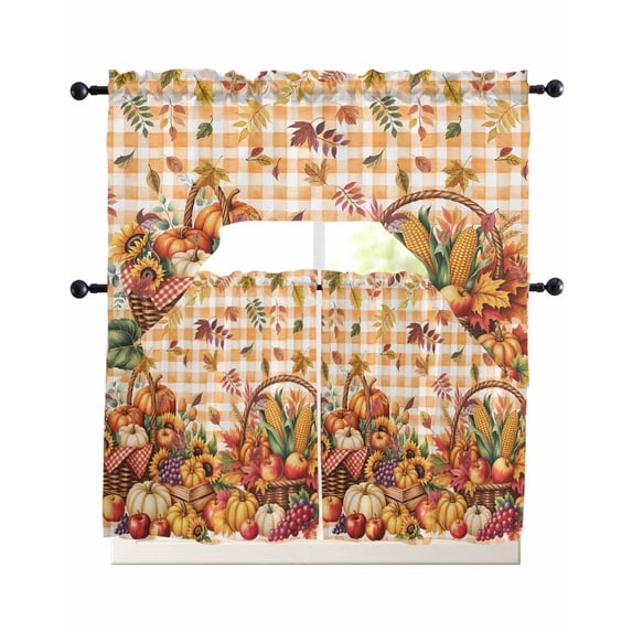 Plaid Pumpkins Fall Swag Kitchen Curtains Sets for Windows 24 Inch Length, Harvest Thanksgiving Botanical Leaves Short Window Curtain Panels Swags Valances and Tiers 3 Piece Set for Cafe/Dining Room