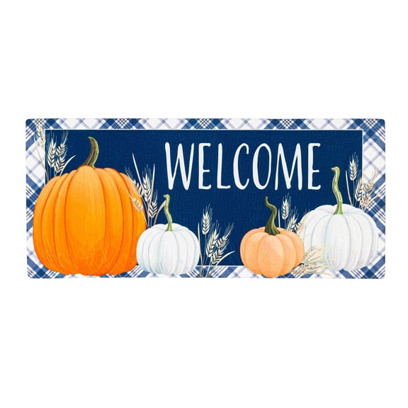 Sassafras Plaid Pumpkins Welcome Front Door Mat Indoor Outdoor 22"x10"