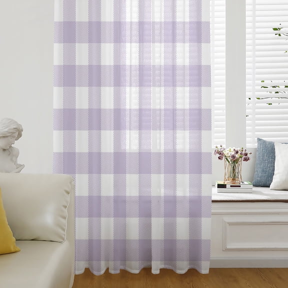 Plaid Purple Rural Style,Semi Sheer Curtains Drapes for Living Room,Bedroom,French Doors Window 54 Inches Long,Rural Abstract Geometric Lattice Rod Pocket Chiffon Curtain Drapery Voile Drape Panel