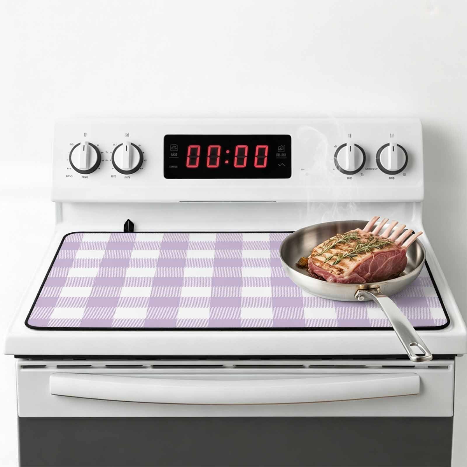 Plaid Purple Rural Style, Stove Top Cover for Electric Stove, Heat-proof & Non Slip Glass Top Stove Cover Protector, Rural Abstract Geometric Lattice Kitchen Flat Cooktop Rubber Mat 24x21 Inches