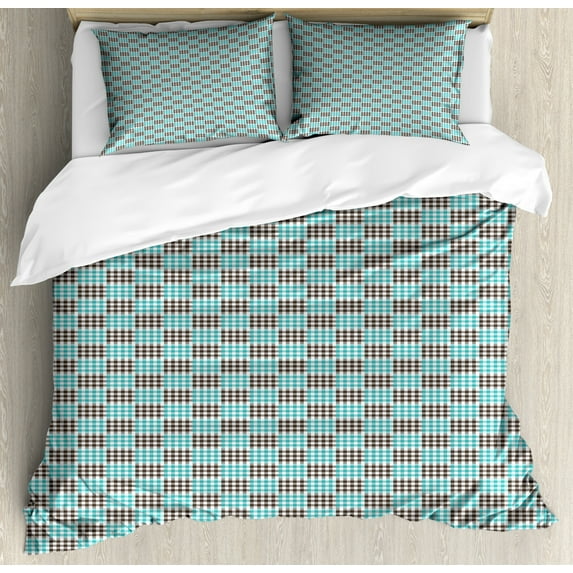 Plaid Queen Size Duvet Cover Set, Two Colored Pattern with Little Checks and Diagonal Lines Retro Modern, Decorative 3 Piece Bedding Set with 2 Pillow Shams, Dark Brown Seafoam White, by Ambesonne