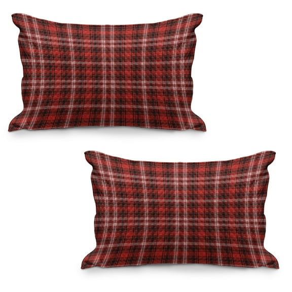 Plaid Quilted Pillowcover Set of 2, Nostalgic Striped Pattern from British Country Constrasting Colors, Standard Queen Size Pillow Cover for Bedroom, 36" x 20", Scarlet Black White, by Ambesonne