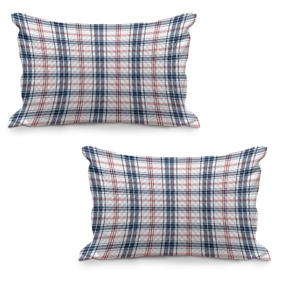 Plaid Quilted Pillowcover Set of 2, Traditional Checkered British Country Pattern with Geometric Design, Standard Queen Size Pillow Cover for Bedroom, 36" x 20", Vermilion Navy Blue, by Ambesonne