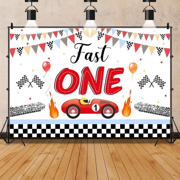 Plaid Racing Car Fast One Birthay Backdrop Background