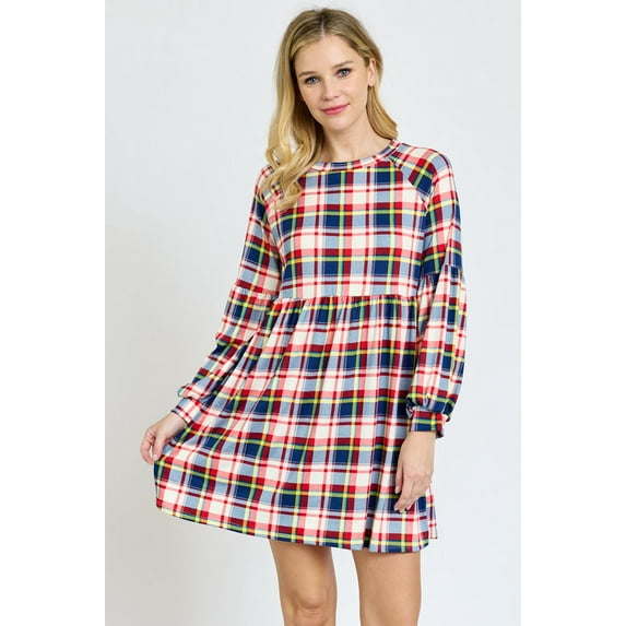 Plaid Raglan Drop Shoulder Bishop Sleeve Dress | 2 Colors | S-3X