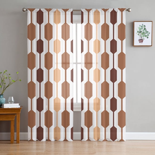 Plaid Rectangle Round Orange Red Sheer Curtains for Living Room Bedroom