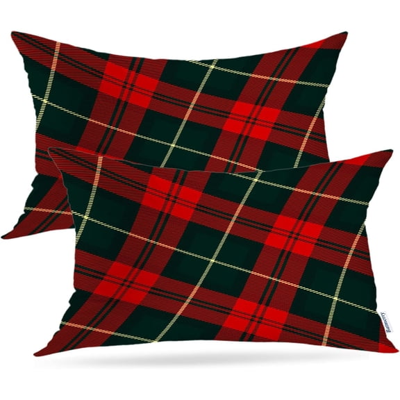 Plaid Red Black Throw Pillow Covers,Retro Green Red Scottish Plaid Tartan Pattern Decorative Pillow Covers Digital Printing Blended Fabric for Couch Sofa Bed Invisible Zipper 12X20 in