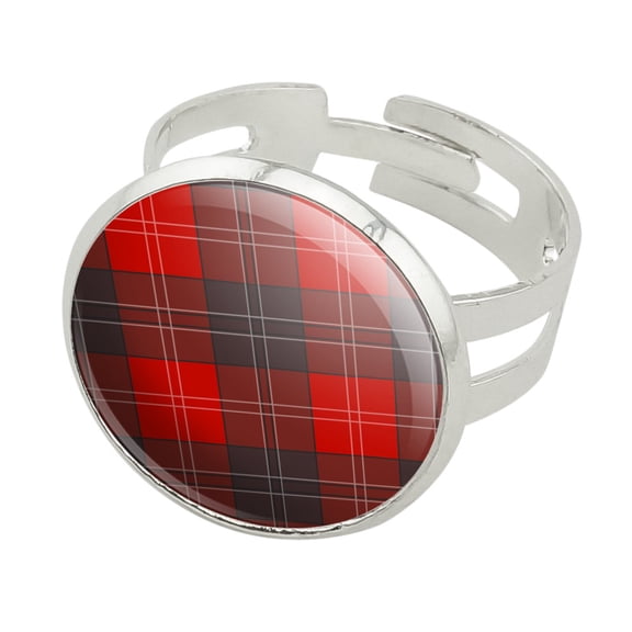 Plaid Red Gray Grey Pattern Silver Plated Adjustable Novelty Ring