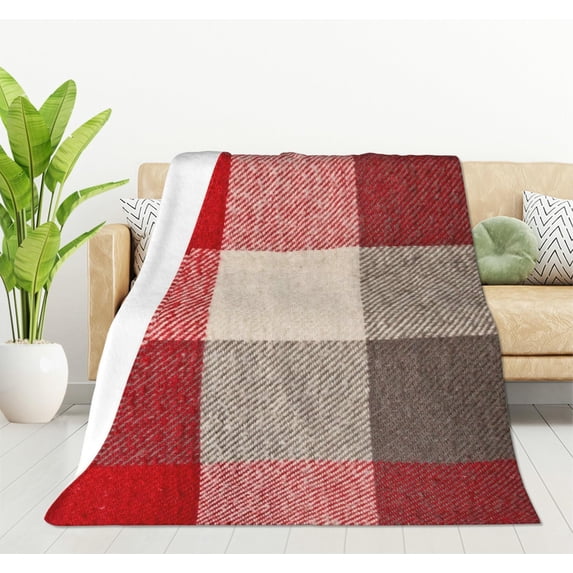 Plaid Red Grey Tartan Material As Fuzzy Stripes Blanket s for Women and Men, Soft Warm Throw Blanket and Fleece Flannel Blanket for Couch Bed Living Room Decor 50x60 Inch
