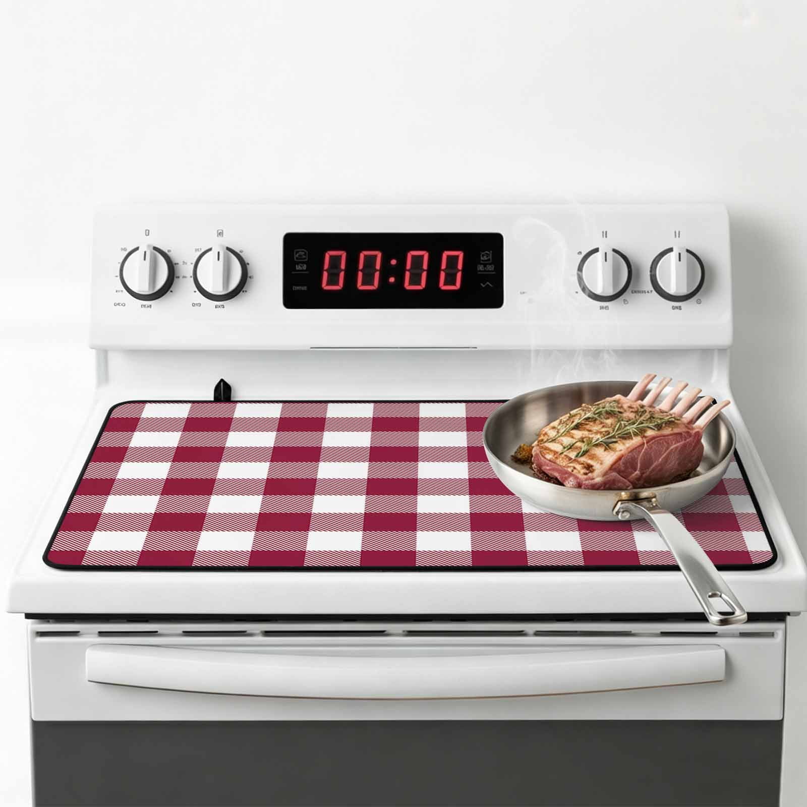 Plaid Red, Stove Top Cover for Electric Stove, Heat-proof & Non Slip Glass Top Stove Cover Protector, Abstract Minimalistic Geometric Lattice Kitchen Flat Cooktop Rubber Mat 31x24 Inches