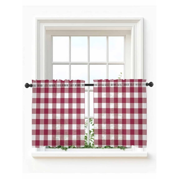 Plaid Red,Tier Curtains 36 Inch Length,Sheer Curtains for Bedroom Living Room Window Abstract Minimalistic Geometric Lattice Rod Pocket Drapes Kitchen Curtains Small Half Window 27.5"x36" 2 Panels