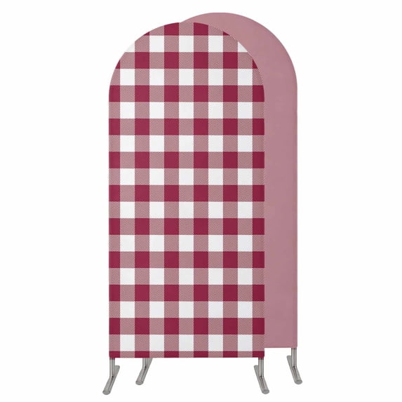 Plaid Red, Wedding Arch Cover, Stretchy Spandex Arch Backdrop Stand Covers 4 FT, Abstract Minimalistic Geometric Lattice Round Top Arched Backdrop Cover for Birthday Party Ceremony Baby Shower Event