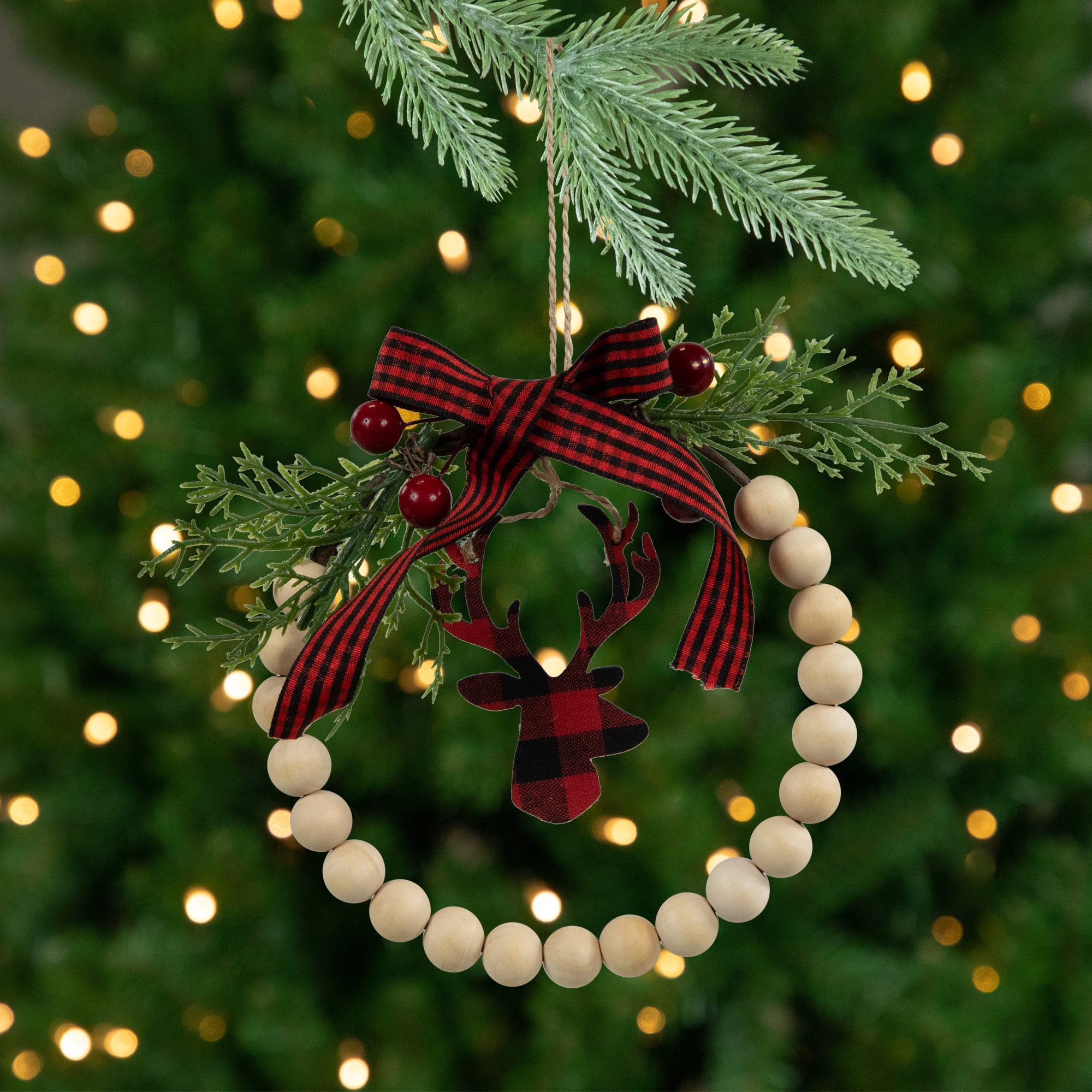Northlight Plaid Reindeer with Pine and Berries Christmas Wreath Ornament - 7.5"