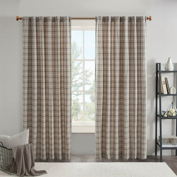 Plaid Rod Pocket and Back Tab Curtain Panel with Fleece Lining Brown 50"x95"