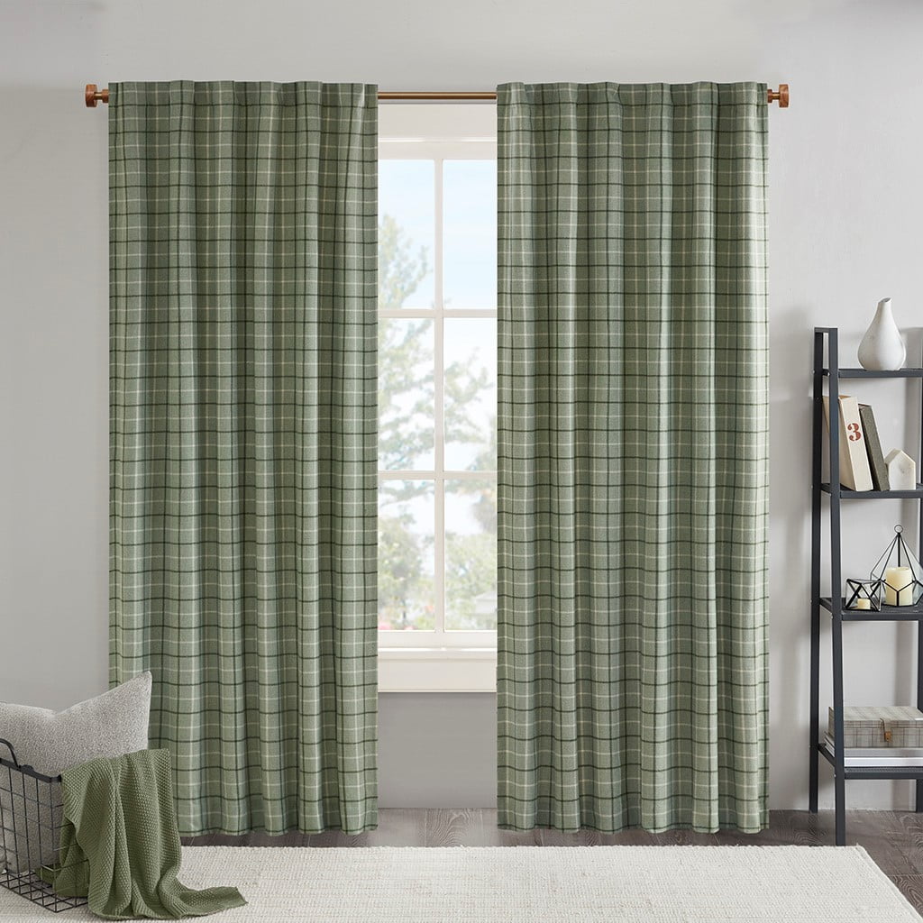 Plaid Rod Pocket and Back Tab Curtain Panel with Fleece Lining Green 50"x95"