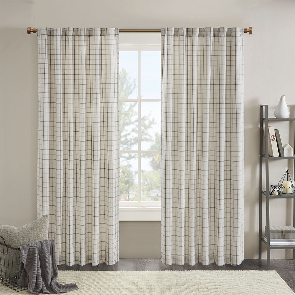 Plaid Rod Pocket and Back Tab Curtain Panel with Fleece Lining Natural 50"x95"