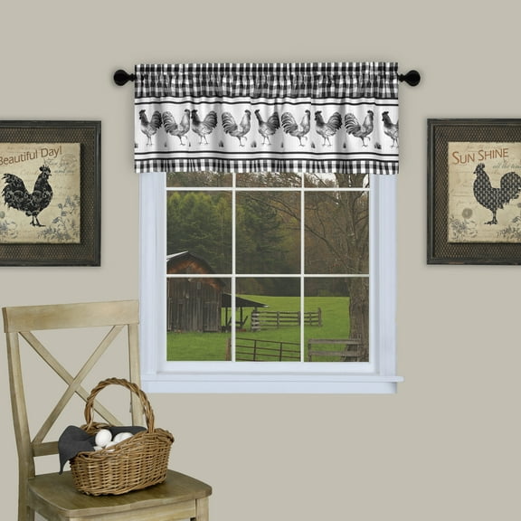 Plaid Rooster Window Curtain Valance - Black