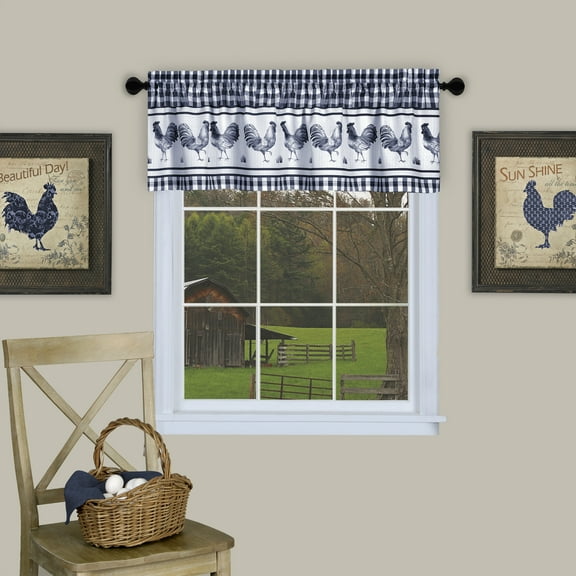 Plaid Rooster Window Curtain Valance - Navy