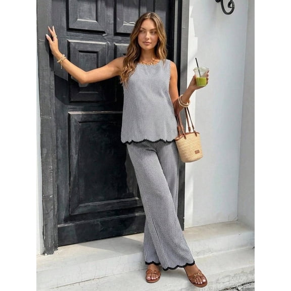 Plaid Round Neck Camisole And Adjustable Waist Pants Casual 2 Pieces Set