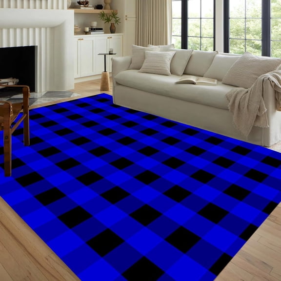 Plaid Royal Blue Black Area Rug, Modern Design Carpet, Washable Non Slip Soft Pile, Living Room Bedroom Office Mat 5x8ft