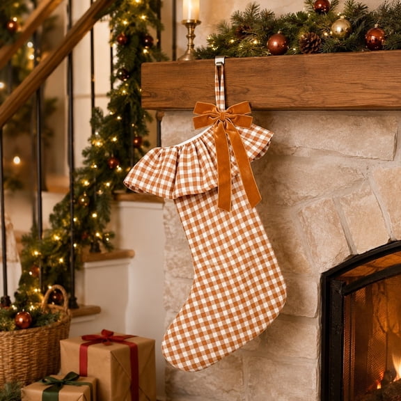 Plaid Ruffle Christmas Stockings, Vintage Checkered Stocking with Velvet Bow for Fireplace Mantel Decor, Holiday Gift Socks Set for Home, 18in