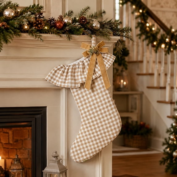 Plaid Ruffle Christmas Stockings, Vintage Checkered Stocking with Velvet Bow for Fireplace Mantel Decor, Holiday Gift Socks Set for Home, 18in