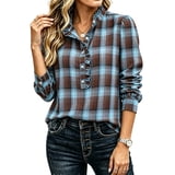 Plaid Ruffle Stand Collar Shirt Women Button Down Puff Long Sleeve ...