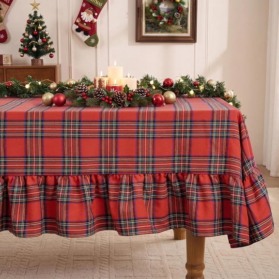 Plaid Ruffled Rectangle Tablecloth 60 x 120 Inches Christmas Red