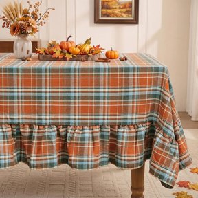 Plaid Ruffled Rectangle Tablecloth 60 x 120 Inches Rust
