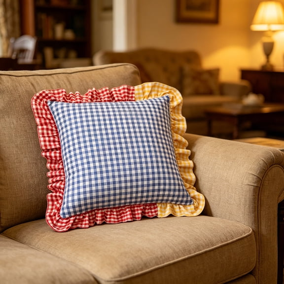 Plaid Ruffled Throw Pillow,Farmhouse Plaid Patchwork Pillow,18''x18'' Polyester Soft Decorative Cushion,Spring Home Decor for Bed Sofa Living Room Multiple Colors Available