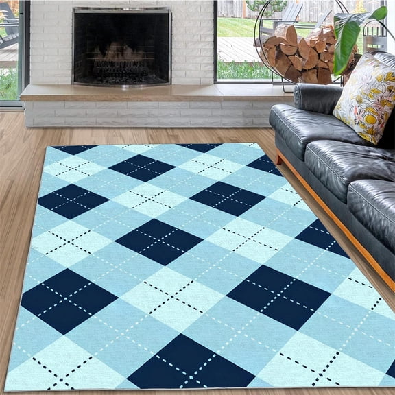 Plaid Rug Washable Area Rug Living Room Rugs, Blue and Teal Checkered Printe Floor Carpets for Bedroom, Low Pile Non Slip Rug Home Office Play Mat-3' x 4'