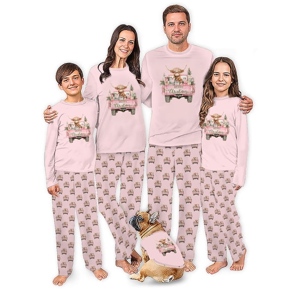Plaid Santa Hat Highland Cow Christmas Pajamas For Family And Dog, Red Cow Holiday PJs, Plus Sizes, With Pockets