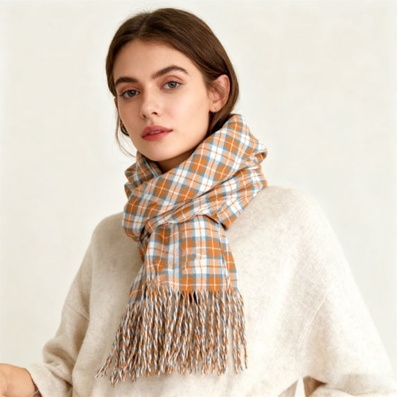 Plaid Scarf for Women Men, Winter Warm Soft Feel Scarf, Large Shawl Wrap for Cold Weather, Fashion Neck Wrap for Outdoor, Travel, Daily Wear, Lightweight Cozy Comfortable Orange
