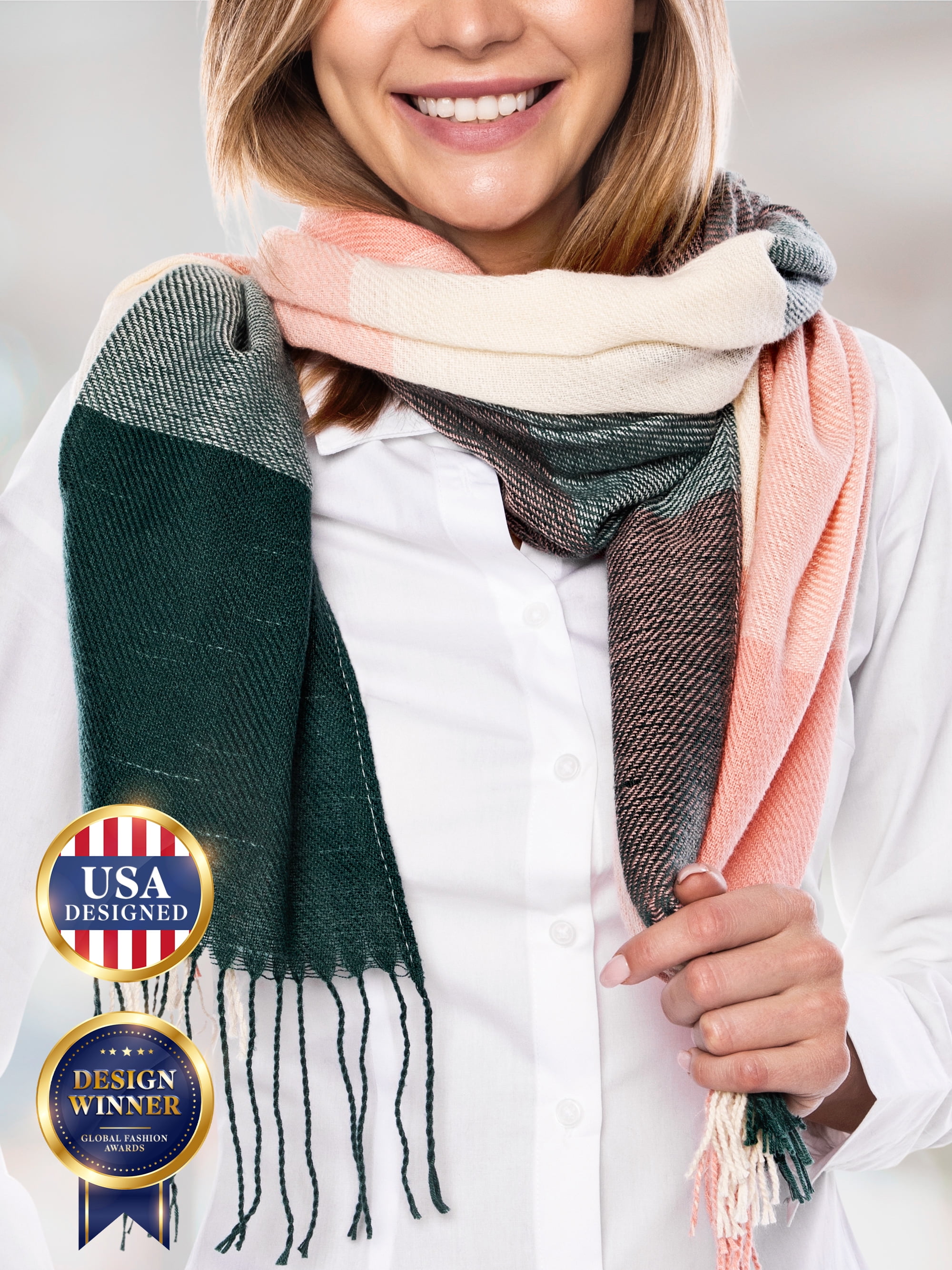 Women's Ultra-Soft Plaid Scarf, Pink/Green/White