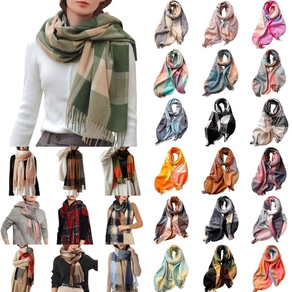 Plaid Scarfs for Women Thick Warm Fleece Lined Large Scarves Knitted Scarf Long Scarves Black