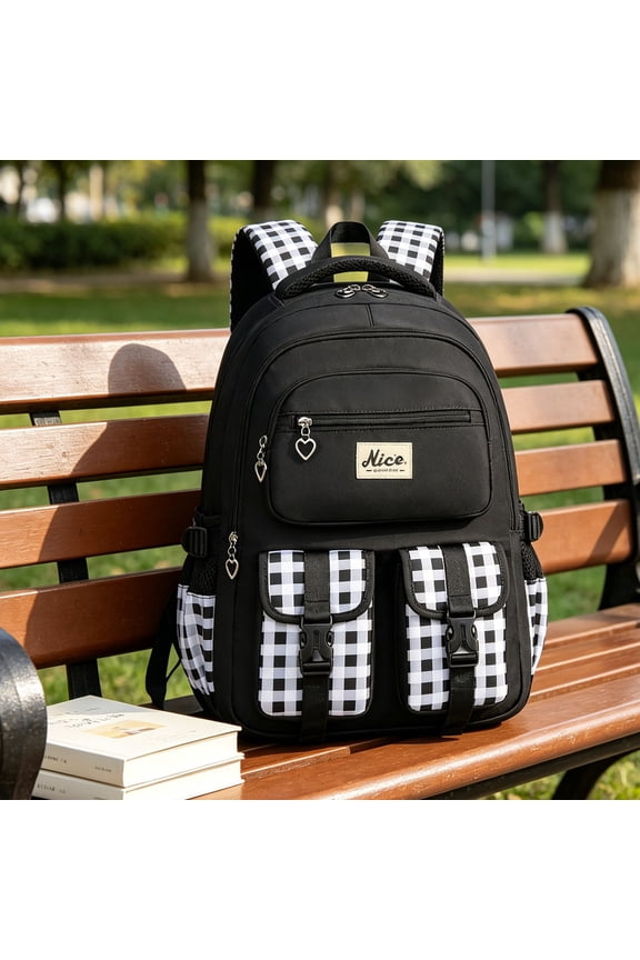 Plaid School Backpack, Korean Style Checkered Large Capacity Bookbag, Waterproof Nylon Multi Pocket Backpacks for Teenagers, Lightweight Campus Backpack with Side Mesh Pockets, Unisex (Black)