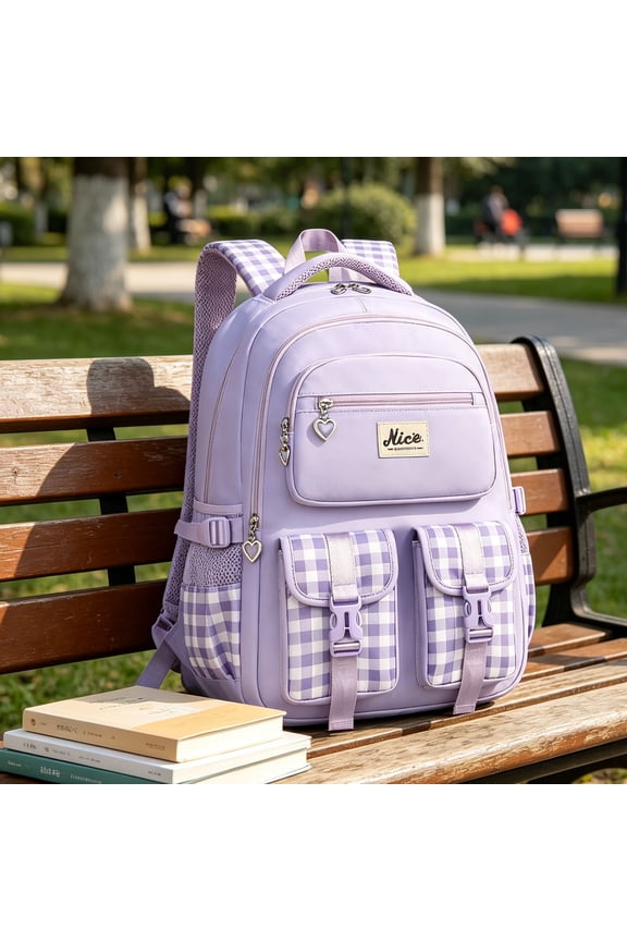Plaid School Backpack, Korean Style Checkered Large Capacity Bookbag, Waterproof Nylon Multi Pocket Backpacks for Teenagers, Lightweight Campus Backpack with Side Mesh Pockets, Unisex (Purple)