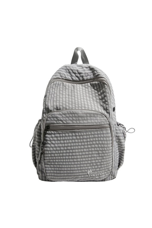 Plaid School Backpack, Heavy Duty School Bag with Drawstring Side Pockets, Multi-pocket Backpack for Travel College Work, Gray