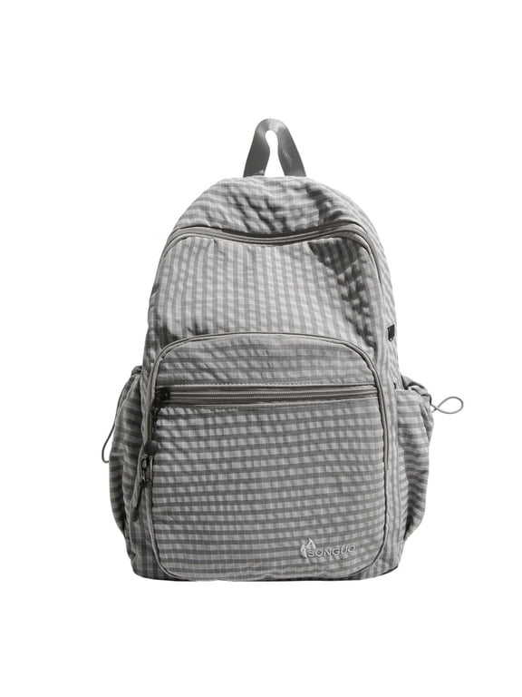 Plaid School Backpack, Heavy Duty School Bag with Drawstring Side Pockets, Multi-pocket Backpack for Travel College Work, Gray