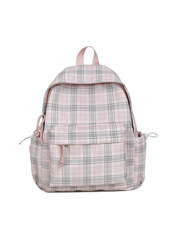 Plaid School Backpack, Spacious Backpack with Multi-pocket, Lightweight Breathable Bookbag for Middle School College, Pink