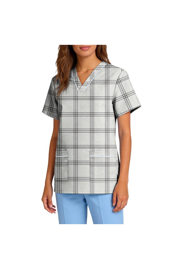Plaid Scrubs for Women V Neck Scrub Tops Medical Nurse Shirt Soft Casual Uniform with Pockets